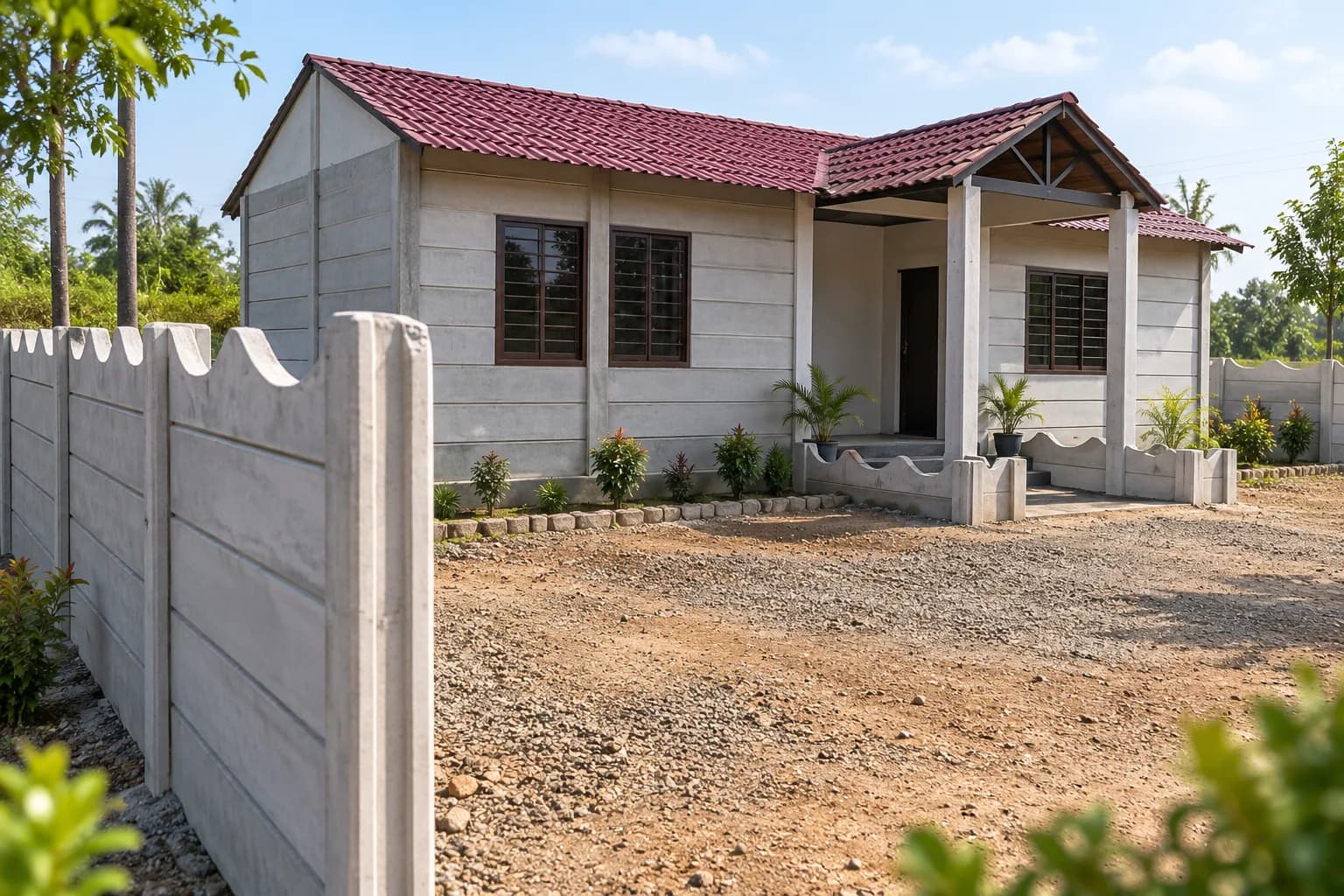 Precast farmhouse room with garden-style precast boundary wall
