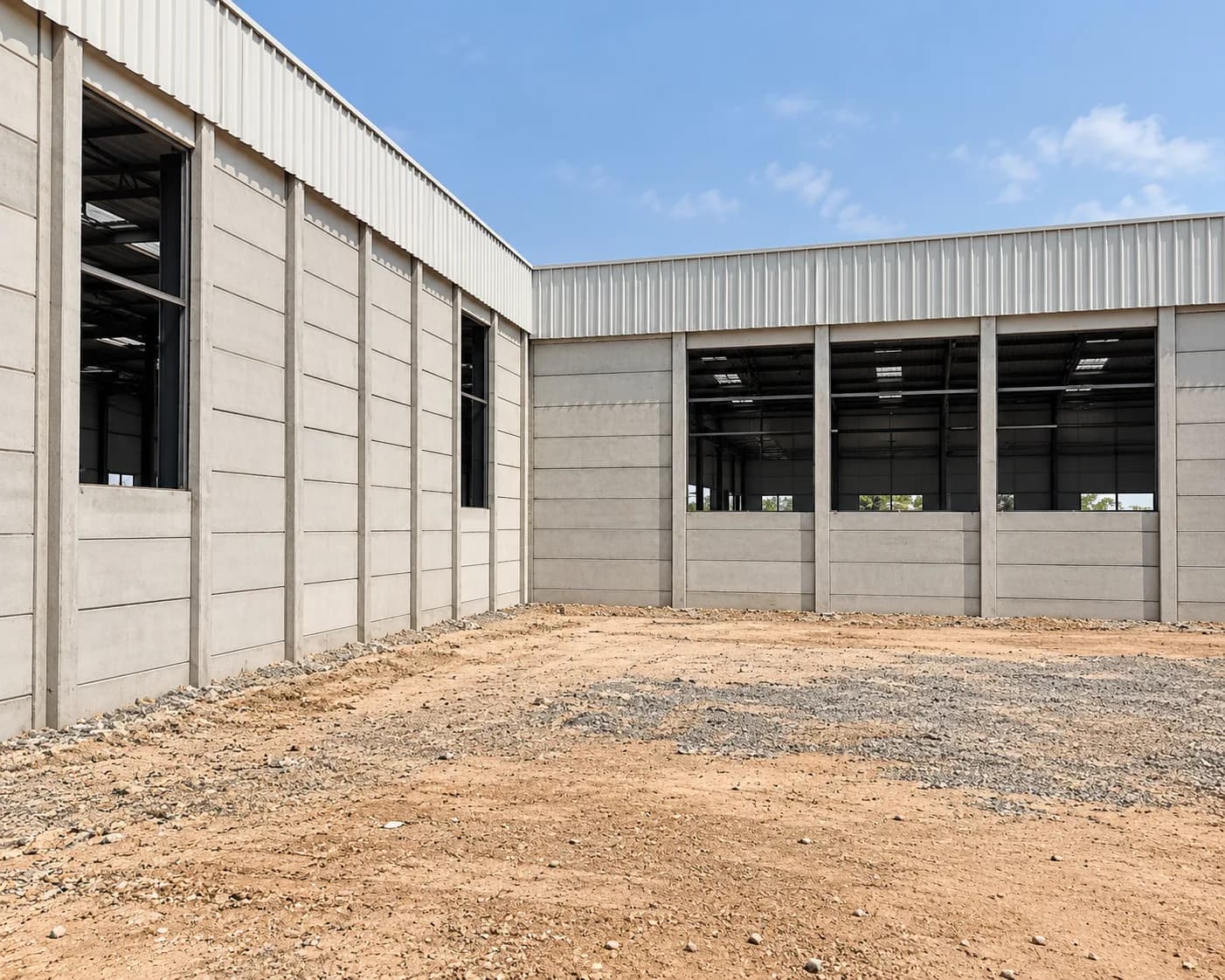 Precast godown structure with concrete panel walls and metal roof